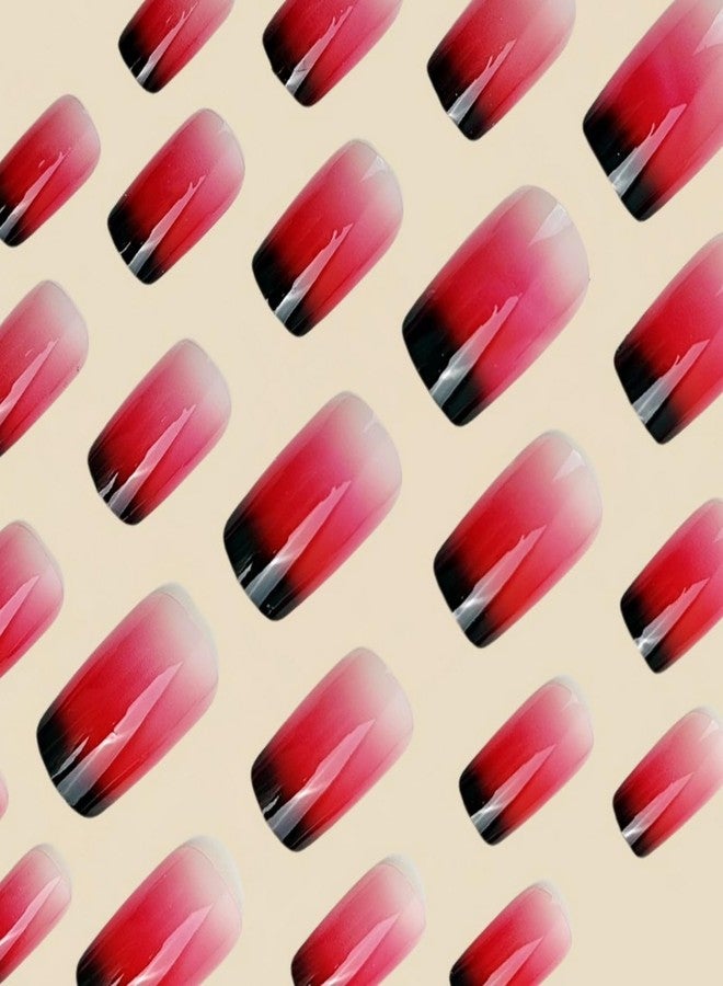 OCOUYVD Short Square Press on Nails Gradient Red French Tip Fake Nails with Designs Artificial Nail Reusable Full Cover False Nails Tips Kit Stick on Nail for Women Nail Art Manicure 24 Pcs - Image 3